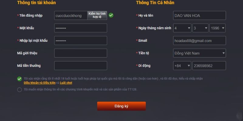 Xác nhận đăng ký tài khoản khi thông tin cung cấp đã chính xác
